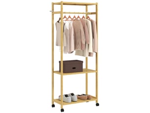 Portant à vêtements à roulettes en bambou avec 2 étagères 70x35x175 cm