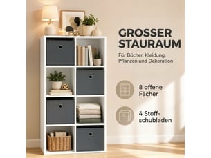 Étagère grise 8 compartiments avec 4 tiroirs en tissu, meuble de rangement polyvalent
