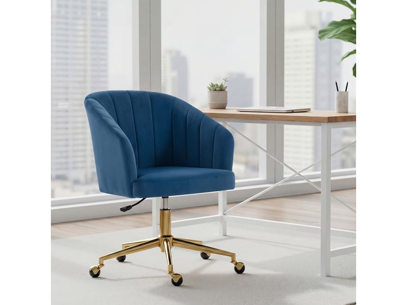  Chaise de bureau en velours bleu à roulettes réglable, dossier rembourré et base dorée  - Conforama D
