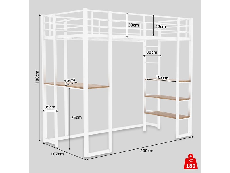  Lit mezzanine métal avec bureau intégré - 3 étagères de rangement, garde-corps 360° 33cm - gain de place - blanc  - Conforama W