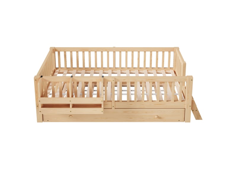  Lit plateforme en bois 90x200 avec barrière de sécurité et méridienne, couleur bois  - Conforama D