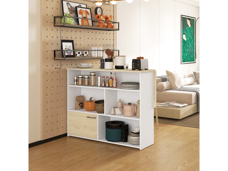  Table de bar moderne en mdf pour 2 personnes avec 4 étagères ouvertes et un placard, 116 x 79,5 x 91 cm  - Conforama D