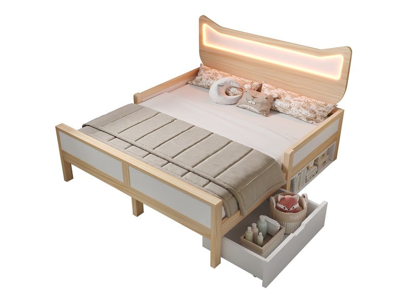  Lit enfant 140x200 tête de lit oreilles de chat avec éclairage led rgb, lit 140x200 coloris blanc et chêne avec sommier  - Conforama A