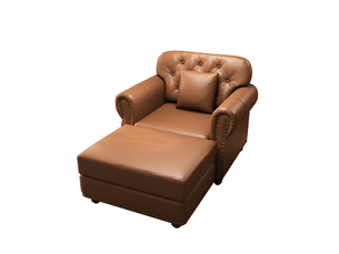 Fauteuil chesterfield 1 place + pouf en simili cuir marron, capitonné, 105 cm