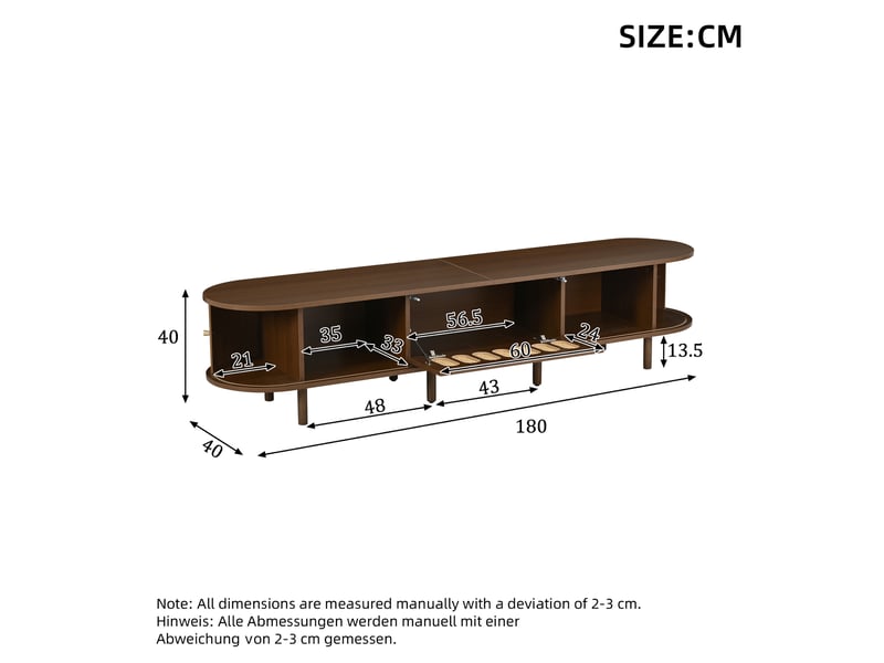  Meuble tv bas 180x40x40 cm pour tv 80 pouces, 2 portes tambour, 1 porte abattante effet rotin, rangement, mdf – noyer foncé  - Conforama D