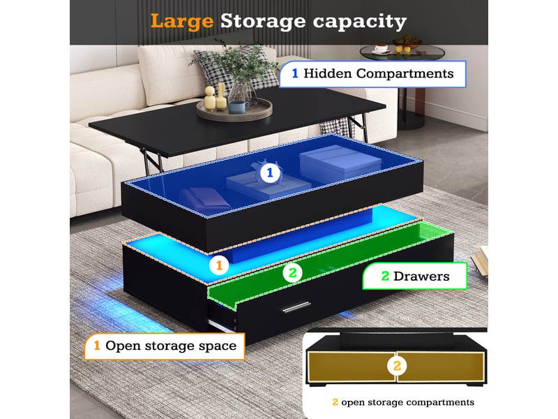  Table basse, à plateau relevable, avec éclairage led, avec 2 tiroirs, 100 x 50 x h 44 cm, noir, rangement pratique, structure en panneau de particules Luxe haut de gamme - Conforama E