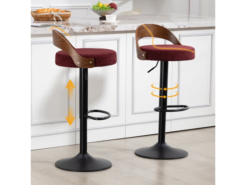  2 tabourets de bar pivotants 360° avec dossier – noyer noir, assise pu, hauteur réglable – cuisinebar lin rouge vin  - Conforama D