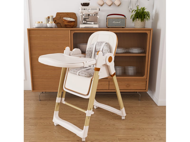  Chaise haute bébé 2-en-1 avec fonction basculante, ceinture de sécurité à 5 points, roues verrouillables, plateau amovible réglable, pliante et hauteur réglable, blanc  - Conforama B