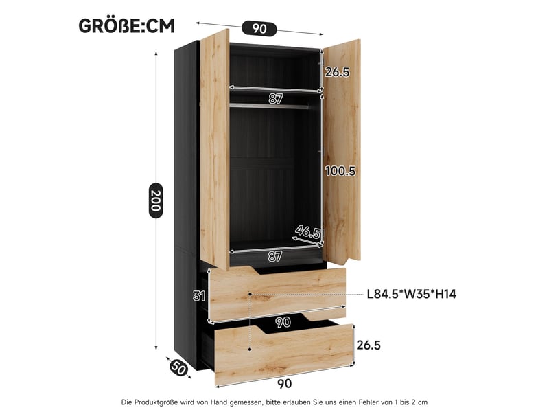  Armoire penderie 90x50x200 cm tiroirs tringles penderie mdf meuble de rangement décor chêne avec accents noirs OPULERANE TRADING LTD - Conforama D
