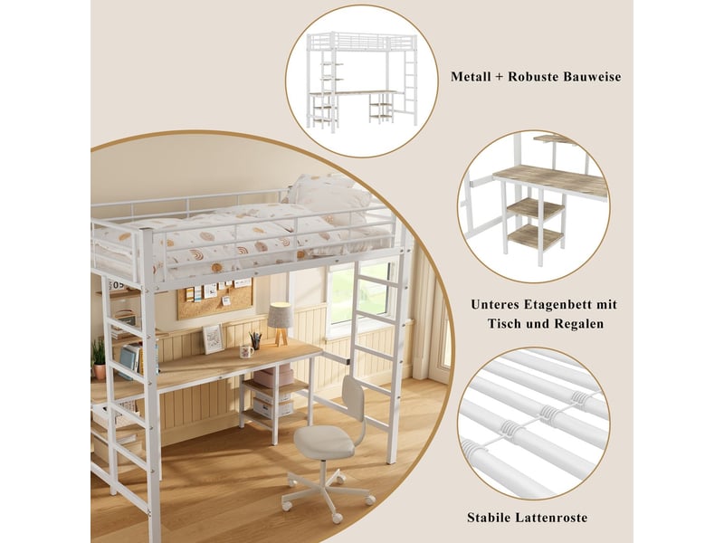  Lit mezzanine 90 x 200 cm avec bureau et étagères intégrés, structure robuste en métal et mdf, barrières de sécurité, blanc  - Conforama E