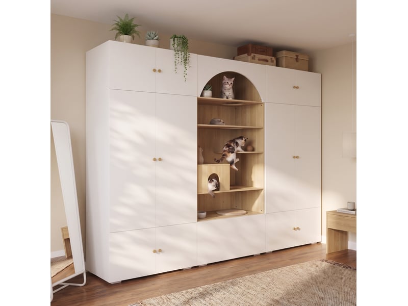  Ensemble dressing modenvie 270 x 50 x 200 cm avec penderie rangement et espace pour félins blanc effet bois  - Conforama B