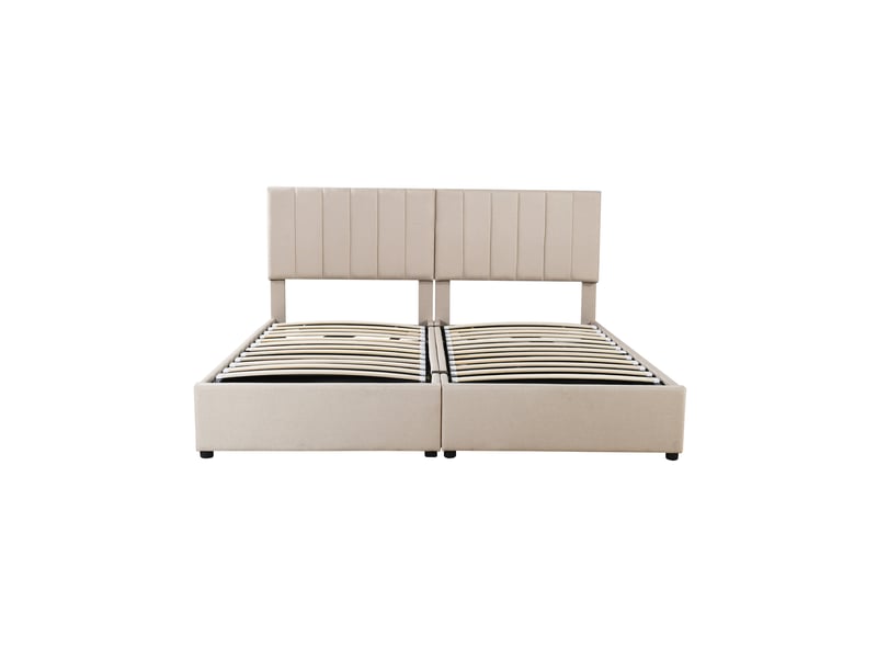  Lit coffre 180x200 cm, lit enfant capitonné hydraulique en lin beige, sans matelas  - Conforama D