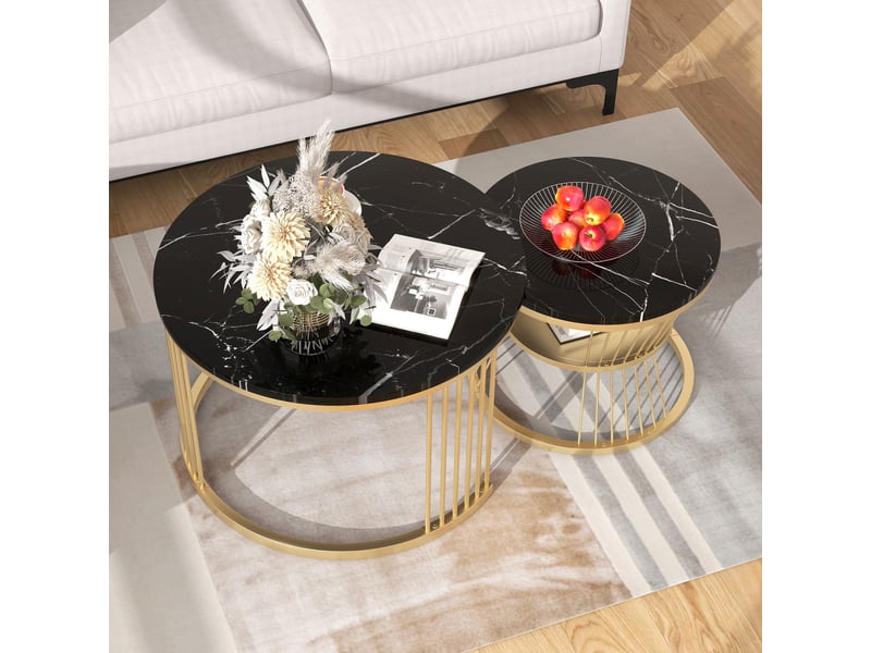 Lot de 2 tables basses gigognes ronde – 70 x 70 x 45.5 cm – double niveau & pieds métal – marbre- noir et doré - Conforama D
