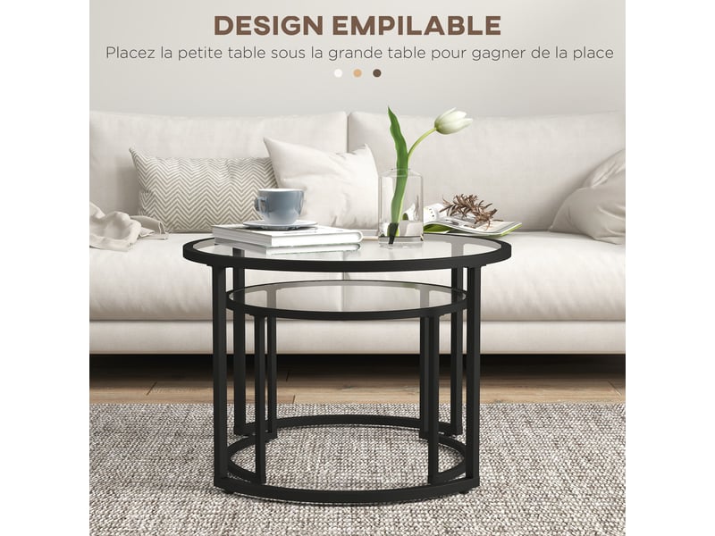  Lot de 2 tables basses gigognes rondes verre et acier noir ø 70 et 54 cm  - Conforama D