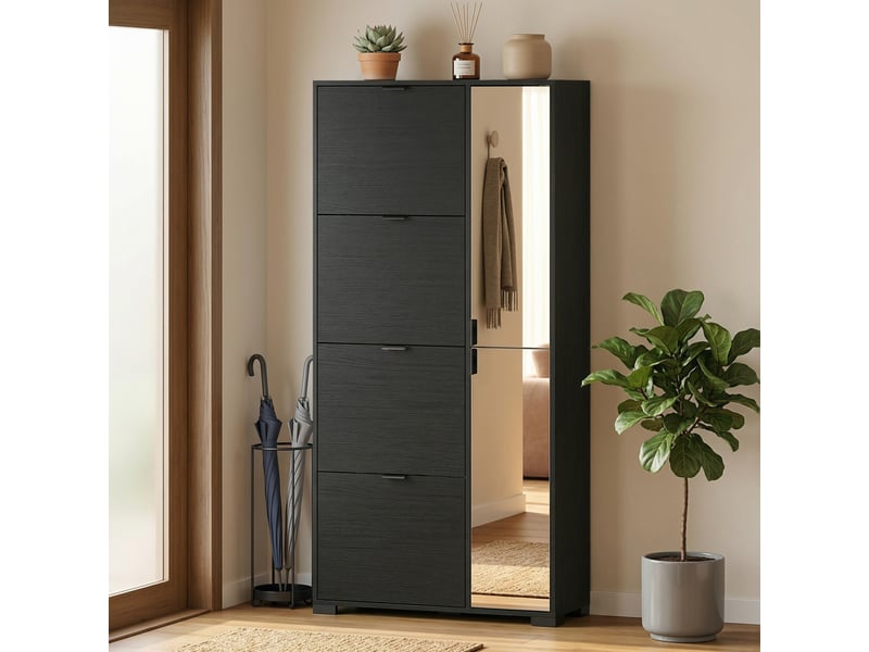  Meuble à chaussures pour 16 paires, avec 4 tiroirs abattants, 2 portes miroir et étagères réglables, noir.  - Conforama D