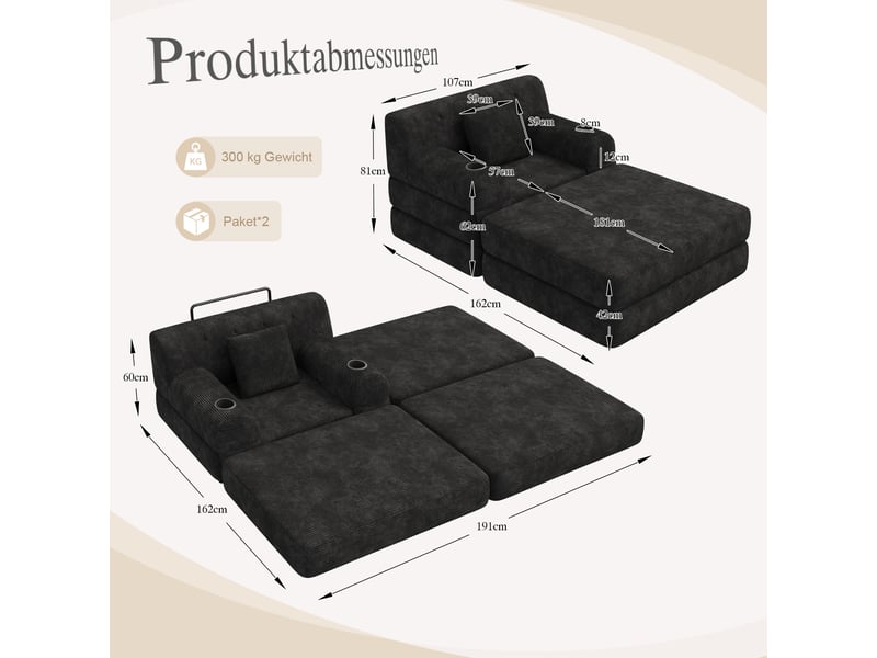  Fauteuil-lit convertible 1 place - fonction couchage - velours côtelé noir - dossier haut - mousse haute densité 107x162x81cm - Conforama B