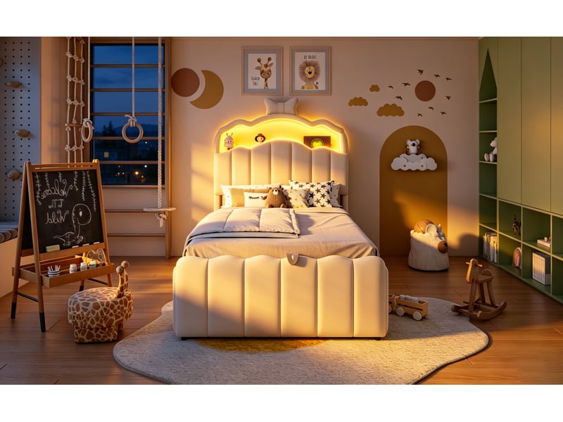  Lit coffre 90x200 cm, rangement hydraulique et tête de lit led avec ports usb et type-c, en velours, beige  - Conforama D