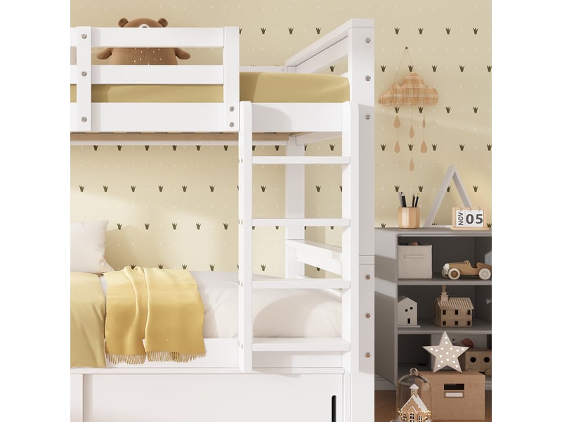  Lit superposé enfant blanc 2 x 90 x 200 cm séparable en deux lits, rangement à portes coulissantes, échelle et barrières  - Conforama E