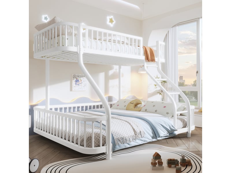  Lit superposé 90x200 cm et 140x200 cm en fer avec barrières de sécurité, échelle et certification en747, blanc.  - Conforama E