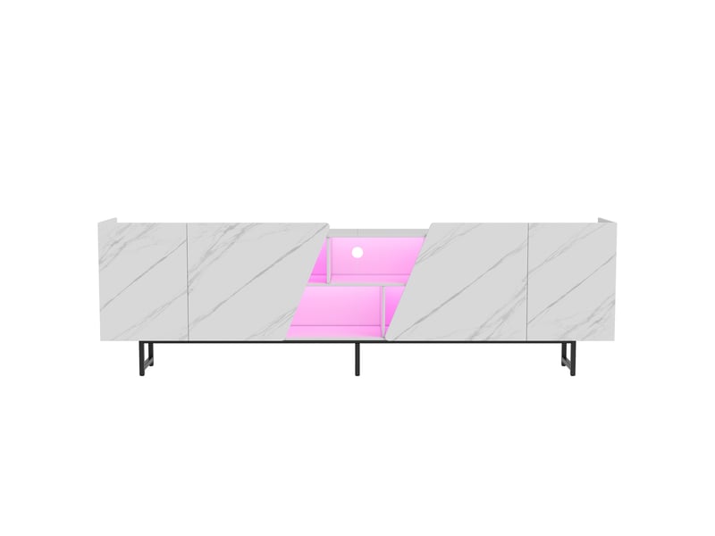  Meuble tv xxl 220x35x65cm - éclairage led rgb 7 couleurs - 4 portes et rangements ouverts - moderne chic - motif marbré - blanc  - Conforama A