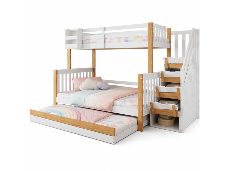  Lit superposé enfant 200×90 cm et 200×120 cm avec lit gigogne 190×90 cm, escalier à 4 placards, sans matelas  - Conforama A
