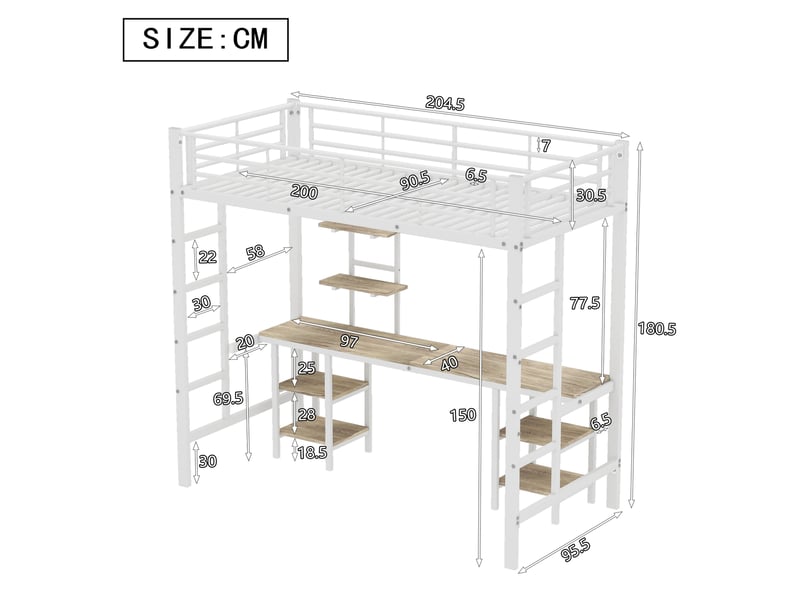  Lit mezzanine enfant 90x200 cm avec bureau et étagères en métal blanc  - Conforama C