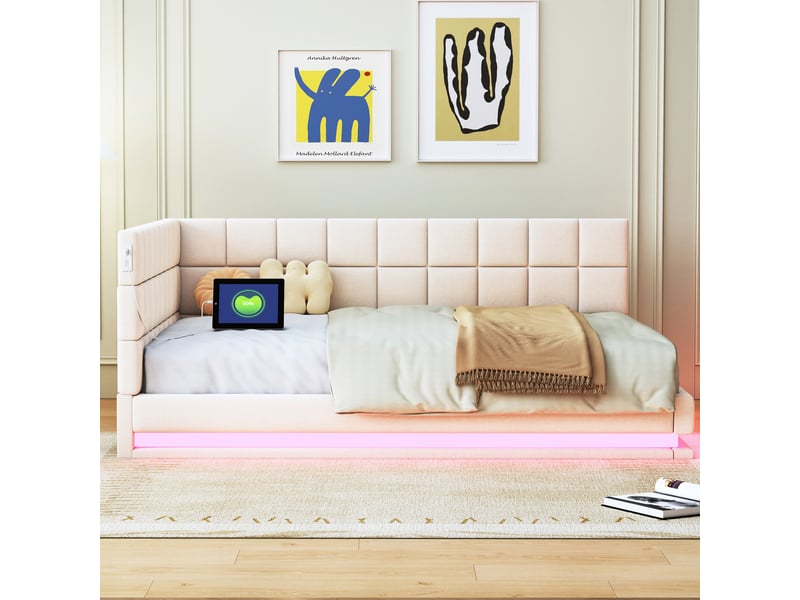 Lit banquette enfant 140 x 200 cm avec led, usb et sommier à lattes, lin, beige Fay Lum - Conforama D
