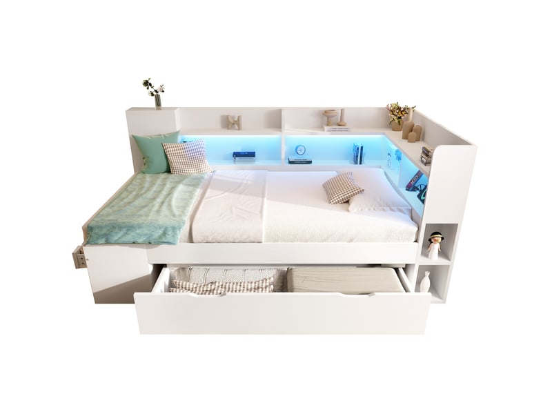 Lit banquette 90x190 cm avec led, lit enfant, ports usb + type-c, tiroirs et rangements, bois, blanc, sans matelas  - Conforama A