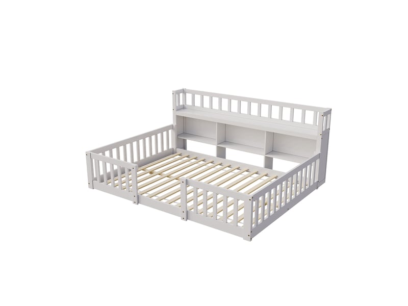  Lit enfant au sol 140 x 200 cm montessori avec barrières - tête de lit avec niches de rangement - sommier à lattes inclus - entrée ouverte basse - cadre de lit deux places ras du sol pour petite fille ou garçon pour chambre d'en…  - Conforama W
