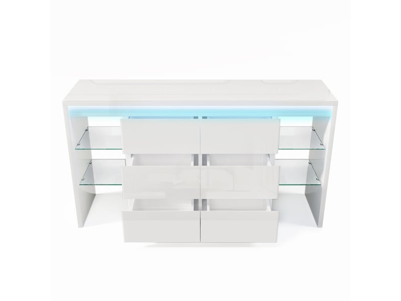 Buffet blanc brillant 155 × 40 × 80 cm, led, 6 tiroirs et 4 tablettes verre IKSETERA TRADING LTD - Conforama W