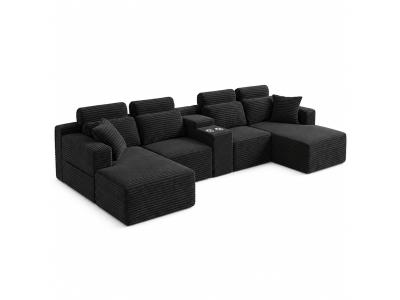  Canapé d’angle en u 6 places 372 x 151 x 80 cm, grand format modulable à assise moelleuse et porte-gobelets, mousse et velours côtelé, noir OMNIGLINT TRADING LTD - Conforama A