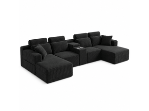 Canapé d’angle en u 6 places 372 x 151 x 80 cm, grand format modulable à assise moelleuse et porte-gobelets, mousse et velours côtelé, noir