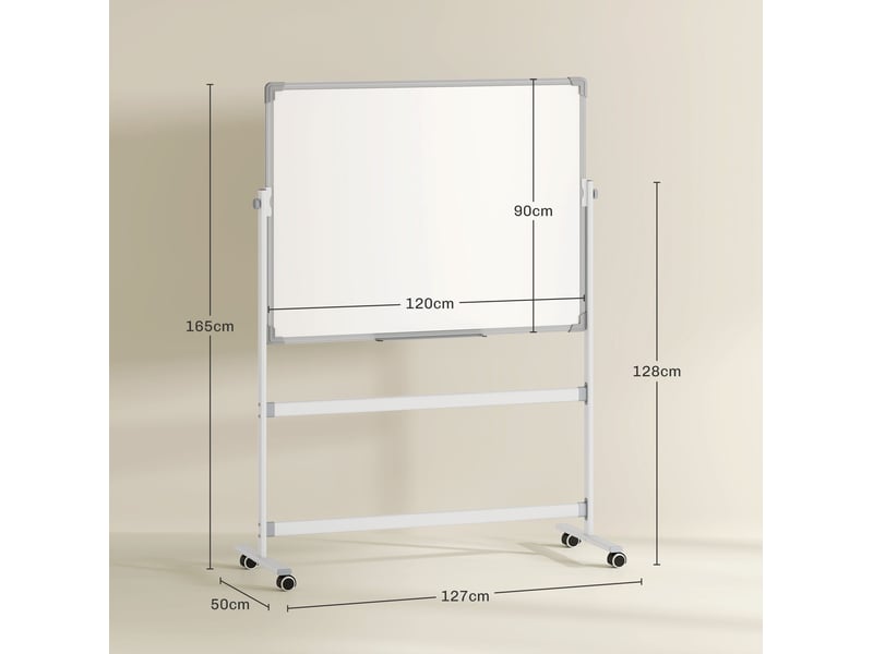  Tableau blanc magnétique double face 120 x 90 cm sur roulettes, pivotant à 360 degrés avec accessoires de bureau  - Conforama C