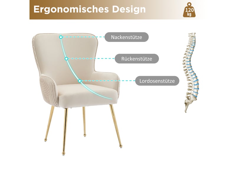  Lot de 2 chaises de salle à manger,avec accoudoirs,velours,beige et doré  - Conforama E