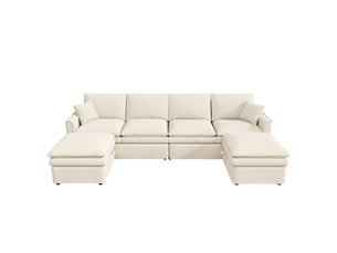 Canapé d'angle droit fixe BIQZUYA  6 places Coton / Lin beige avec coffre de rangement