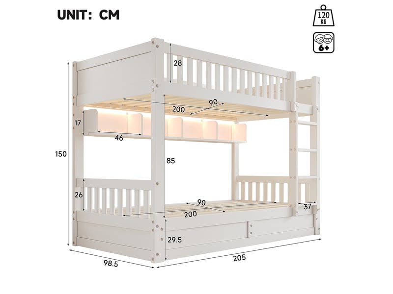  Lit superposé 90x200cm avec coffre hydraulique, étagères latérales, led réglable, échelle intégrée et garde-corps, pin et mdf blanc, pour la chambre  - Conforama D