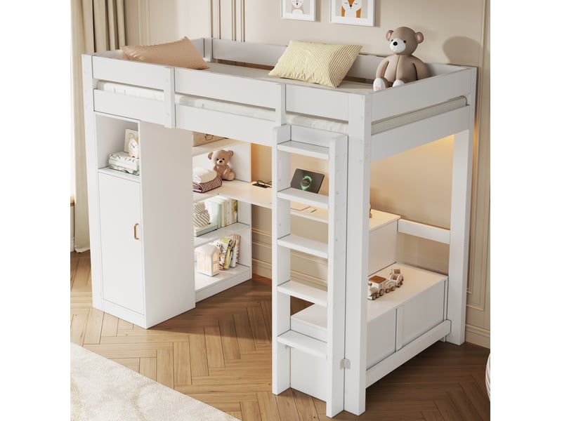  Lit mezzanine 90x200 cm avec armoire, étagères, bureau sous le lit, éclairage led et port usb, blanc  - Conforama B
