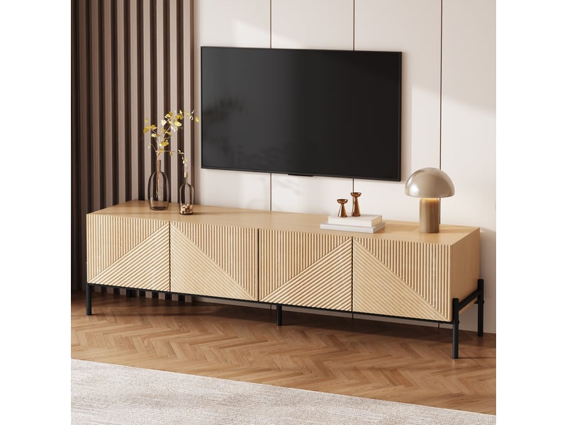  Meuble tv 163,5x40x45 cm, 4 portes, push-to-open, façades texturées, grand rangement, lowboard moderne pour salon - naturel  - Conforama B