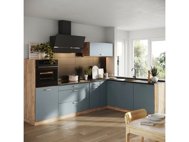 Vicco cuisine en angle, bleu-grischêne doré, 287 x cm sans plan de travail - Conforama C