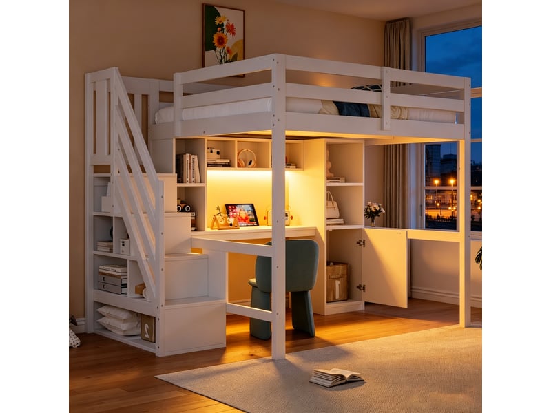  Lit mezzanine enfant 140x200 cm avec bureau, escalier avec rangement, led, prises électriques, étagères, barrières hautes, blanc Radiant Stride - Conforama B