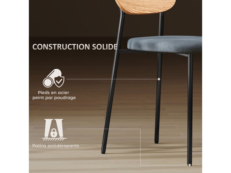  Lot de 2 chaises de salle à manger avec pieds en acier, gris et effet bois naturel, dossier incurvé et assise rembourrée  - Conforama R
