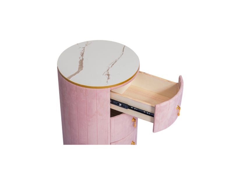 Table de chevet ronde 40x40x52,5 cm, 3 tiroirs, plateau effet marbre, velours rose et métal doré - Conforama D