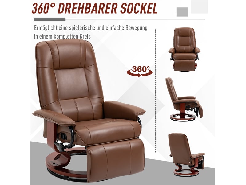  Fauteuil relax pivotant en cuir avec dossier inclinable et repose-pieds manuel, marron  - Conforama E