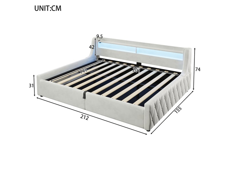  Lit coffre 140 × 200 cm, rangement hydraulique, tête avec led multicolore, sommier à lattes, velours blanc  - Conforama C
