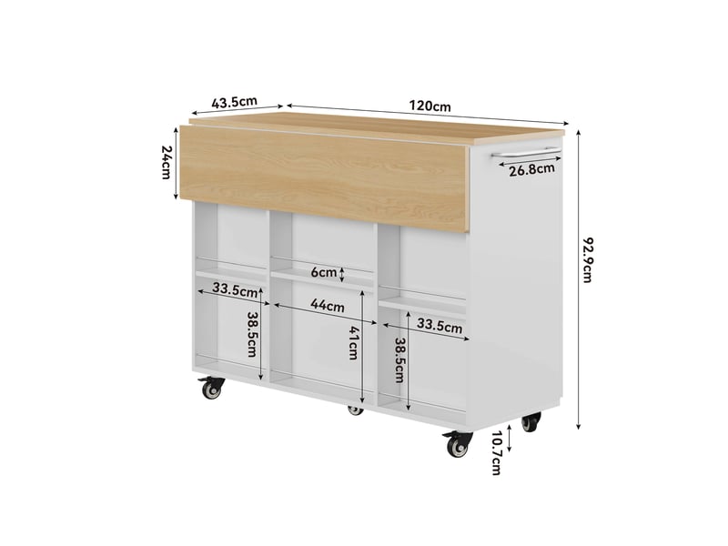  Îlot de cuisine sur roulettes 120cm, desserte avec plateau rabattable, tiroir et placard, blanc et chêne  - Conforama W