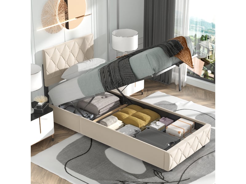  Lit rembourré ulevr 90 x 190 cm en velours beige avec sommier à lattes et structure métallique  - Conforama D
