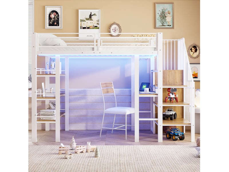  Lit mezzanine 90 x 200 cm en métal, avec bureau, rangements et led, blanc  - Conforama D