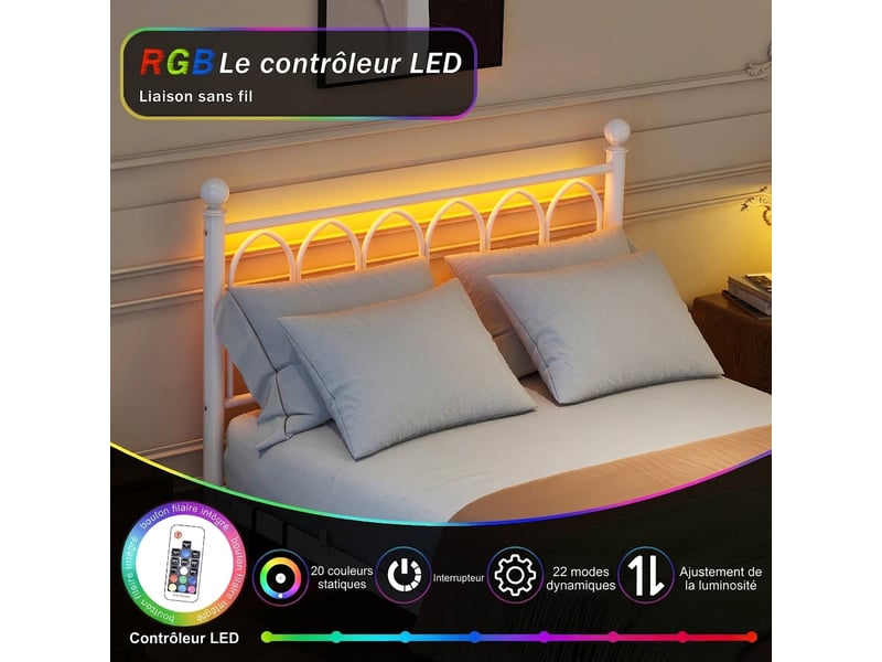  Cadre de lit en métal 120x200 blanc avec led et station de charge usb - rangement sous lit  - Conforama D