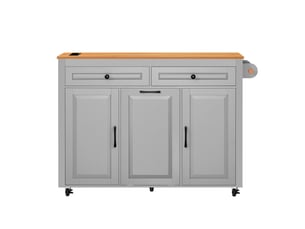 Îlot de cuisine mobile 120 cm avec plan coulissant, prises, usbusb-c et rangement poubelle, gris