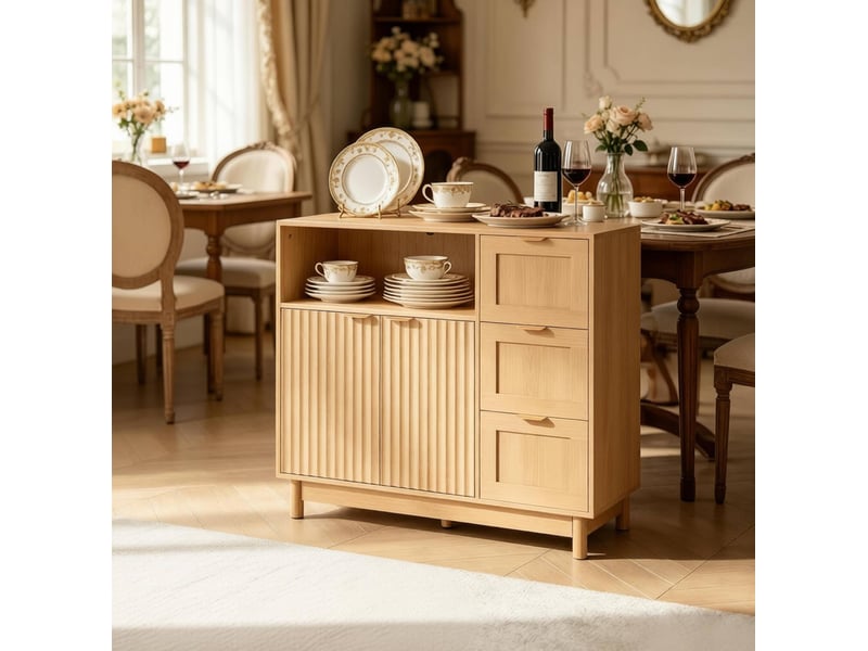  Buffet 90x35x80 cm à 3 tiroirs en mdf et panneaux de particules, effet bois  - Conforama C